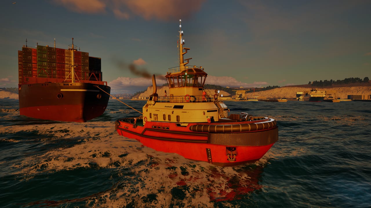 Professional Ship Simulator vessel underway in coastal waters with realistic waves and nearby traffic