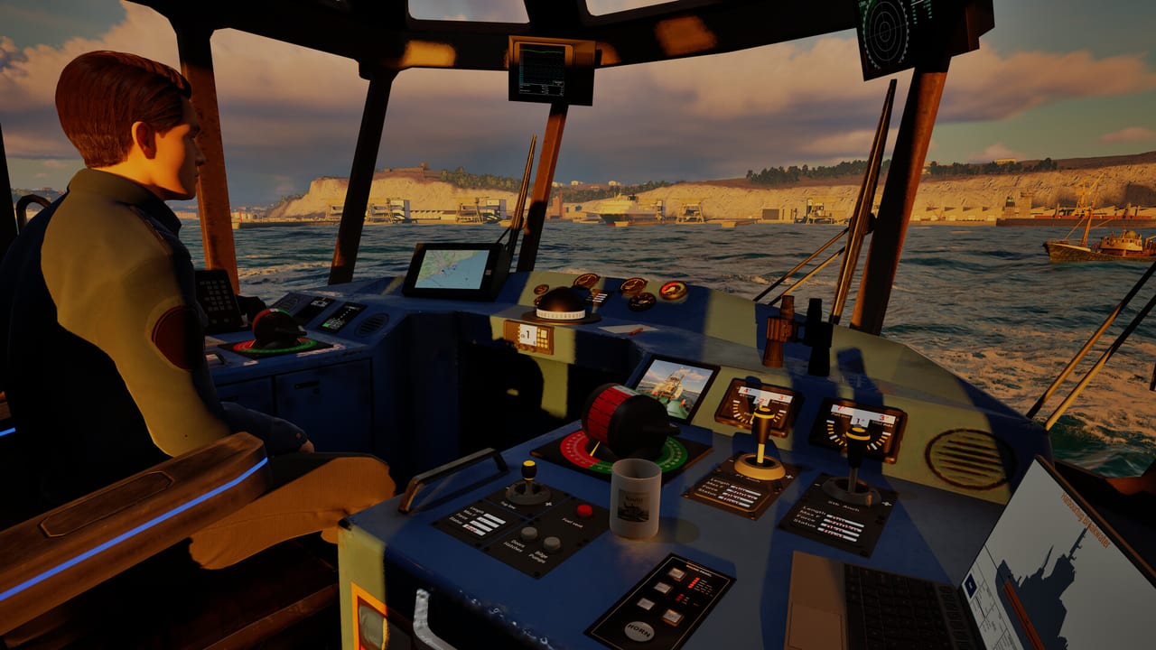 Bridge and harbor view in Professional Ship Simulator showing navigation instruments and port infrastructure